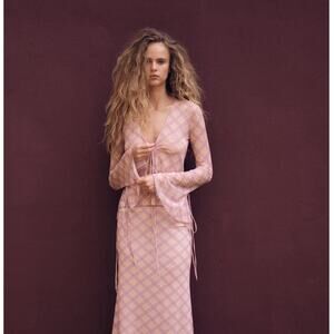 ZARA Y2K 90s Pink Plaid Long Sleeve Tulle Sheer Top Festival Boho Party Medium